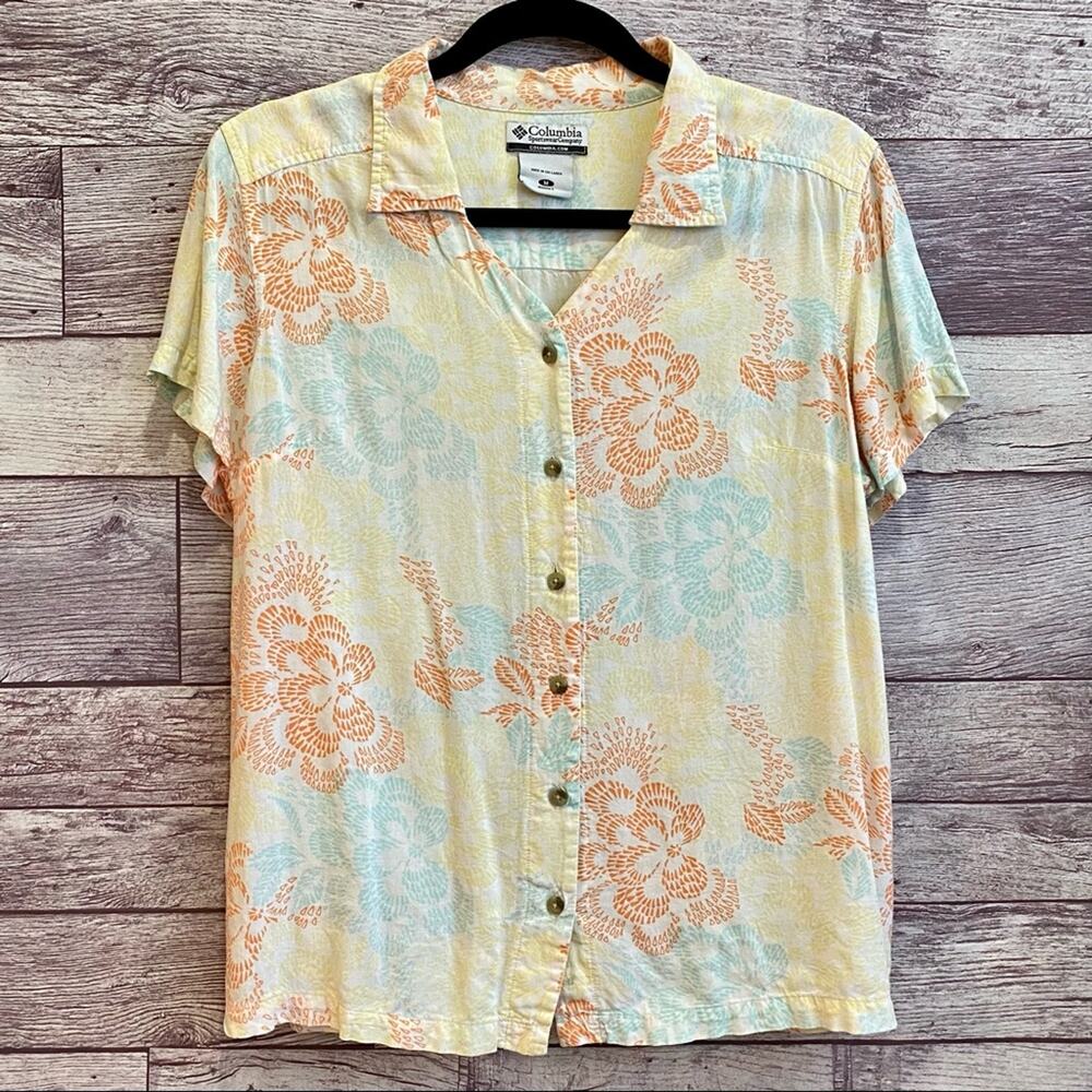 Columbia Aqua, Orange, Yellow Pastel Tropical Pattern Hawaiian Style Button Down